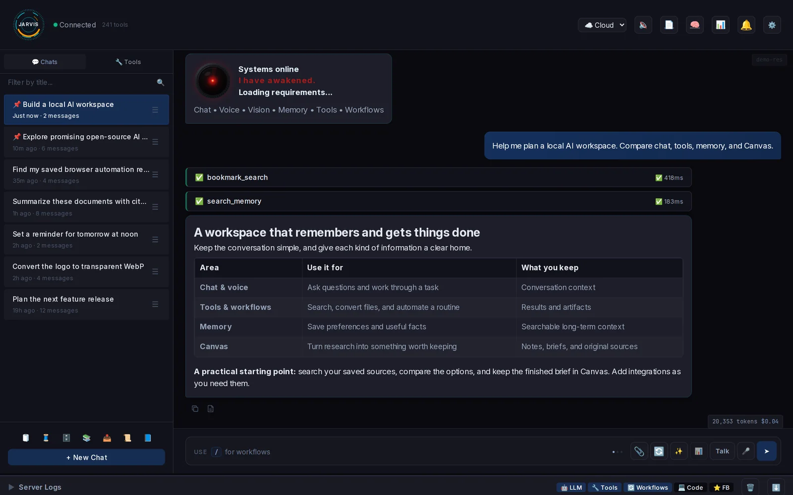 Jarvis Web sample conversation with tool cards and a workspace comparison